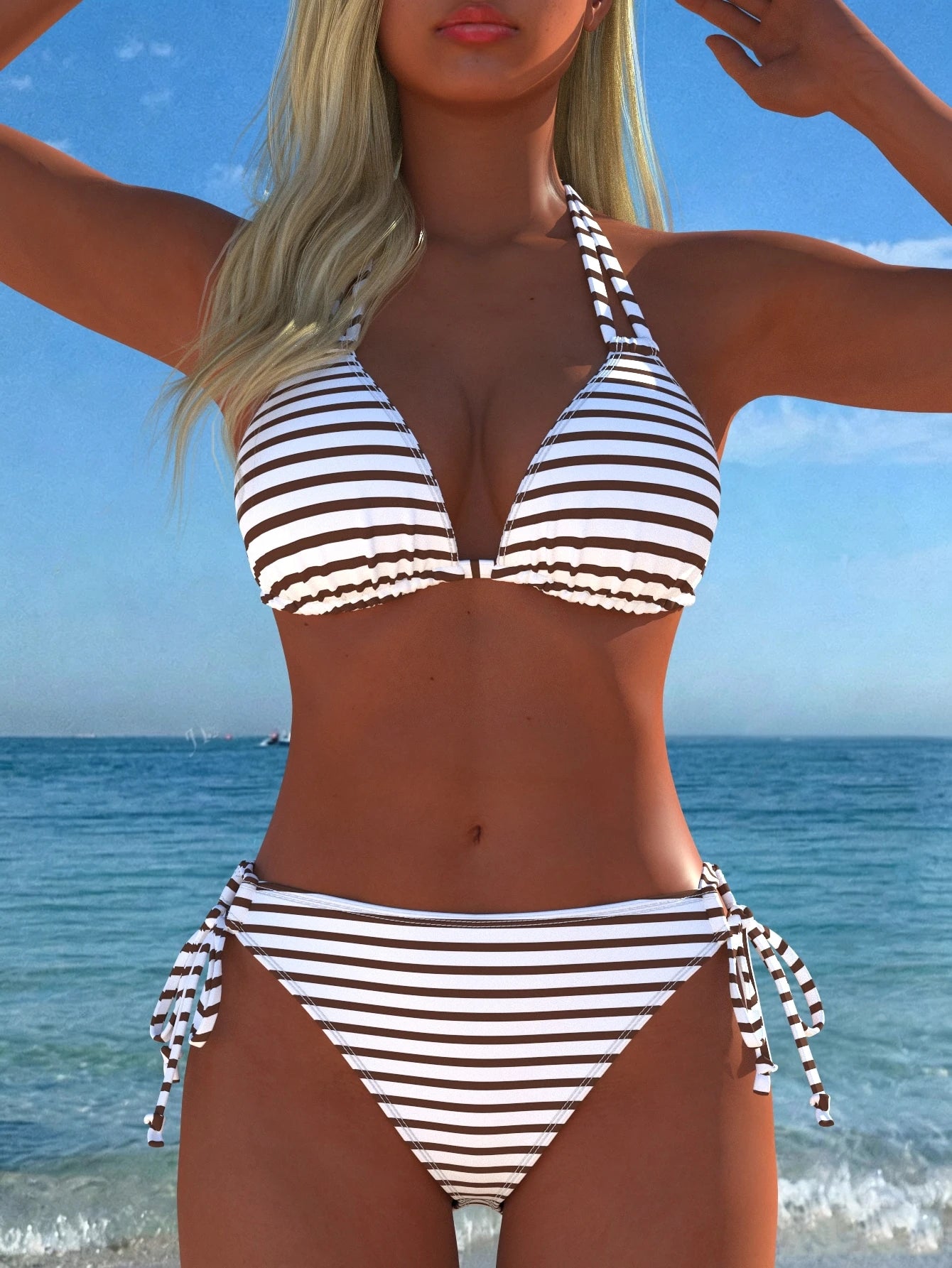 Women's Sexy Halter Neck Striped Bikini Set, Side Tie Design, Casual Beach Swimwear, New Holiday Summer Vacation Travel Outfit, Resort Wear