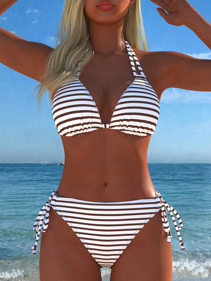 Women's Sexy Halter Neck Striped Bikini Set, Side Tie Design, Casual Beach Swimwear, New Holiday Summer Vacation Travel Outfit, Resort Wear