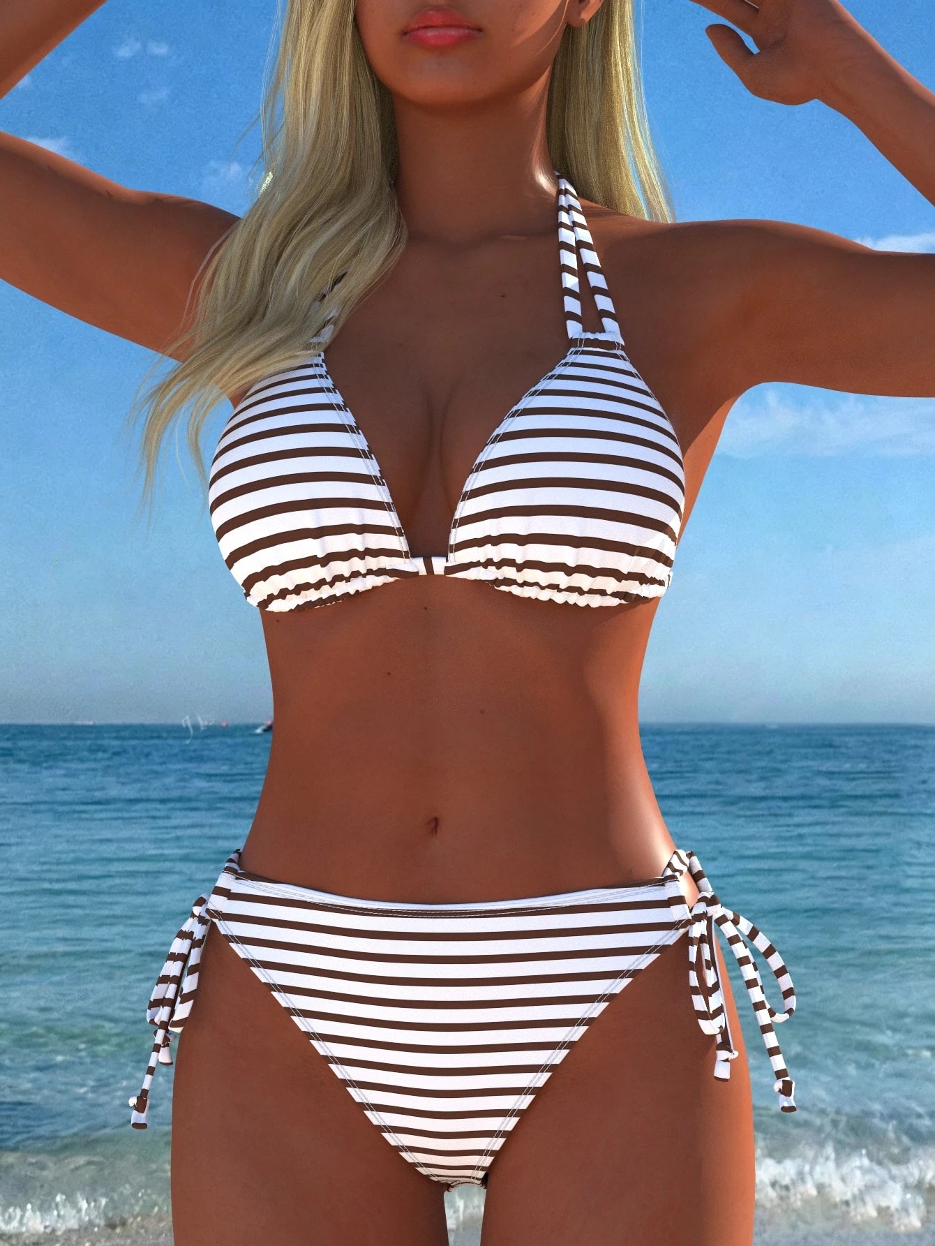 Women's Sexy Halter Neck Striped Bikini Set, Side Tie Design, Casual Beach Swimwear, New Holiday Summer Vacation Travel Outfit, Resort Wear