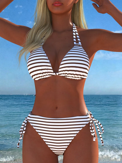 Women's Sexy Halter Neck Striped Bikini Set, Side Tie Design, Casual Beach Swimwear, New Holiday Summer Vacation Travel Outfit, Resort Wear
