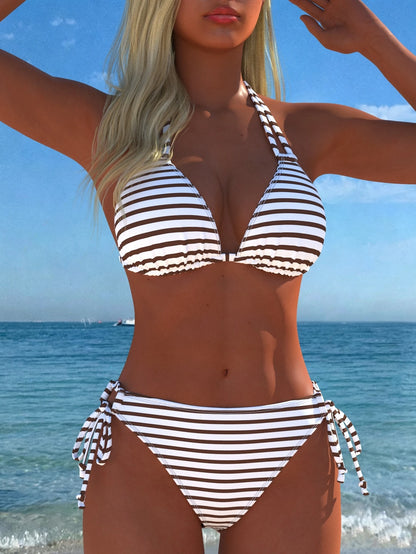 Women's Sexy Halter Neck Striped Bikini Set, Side Tie Design, Casual Beach Swimwear, New Holiday Summer Vacation Travel Outfit, Resort Wear