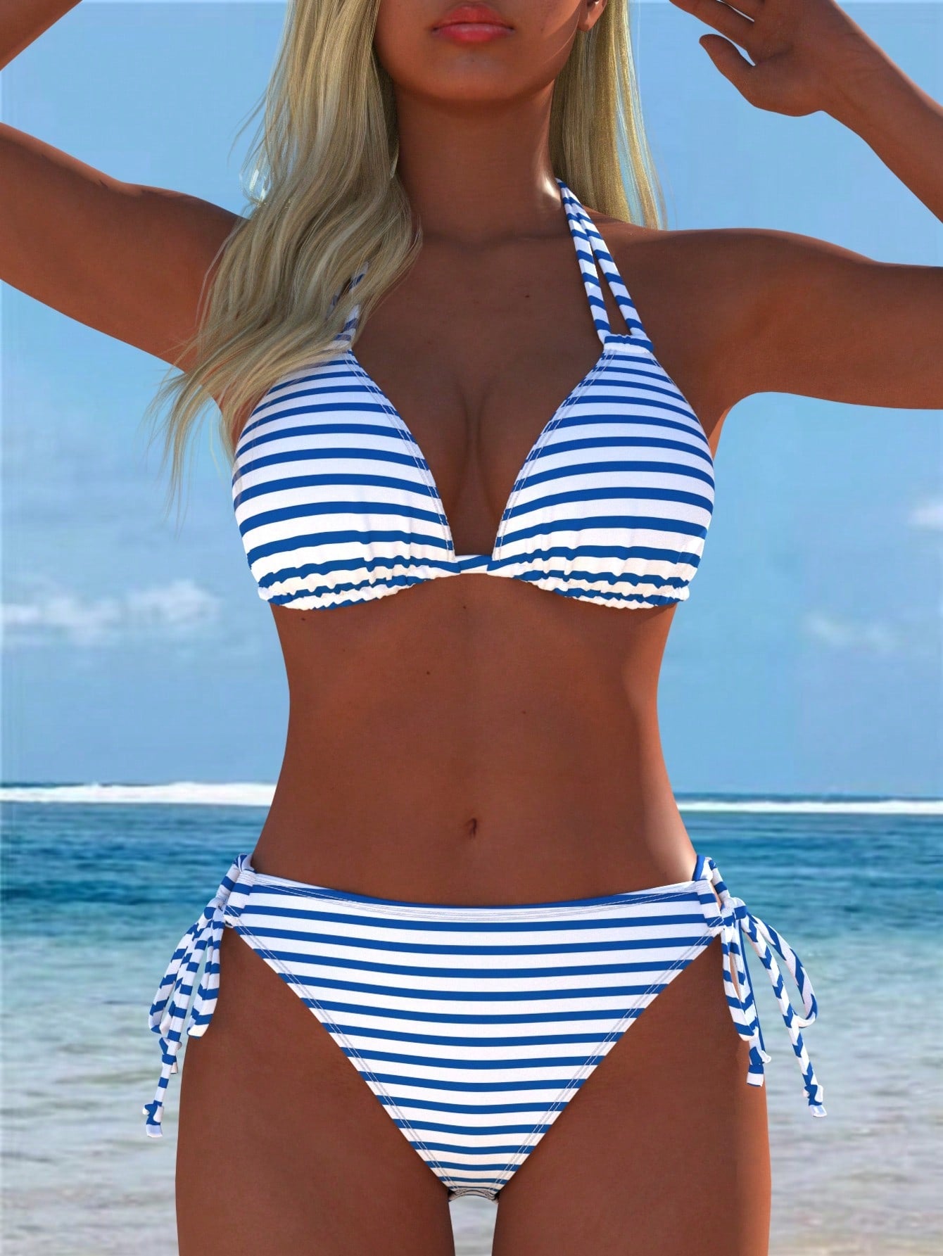 Women's Sexy Halter Neck Striped Bikini Set, Side Tie Design, Casual Beach Swimwear, New Holiday Summer Vacation Travel Outfit, Resort Wear