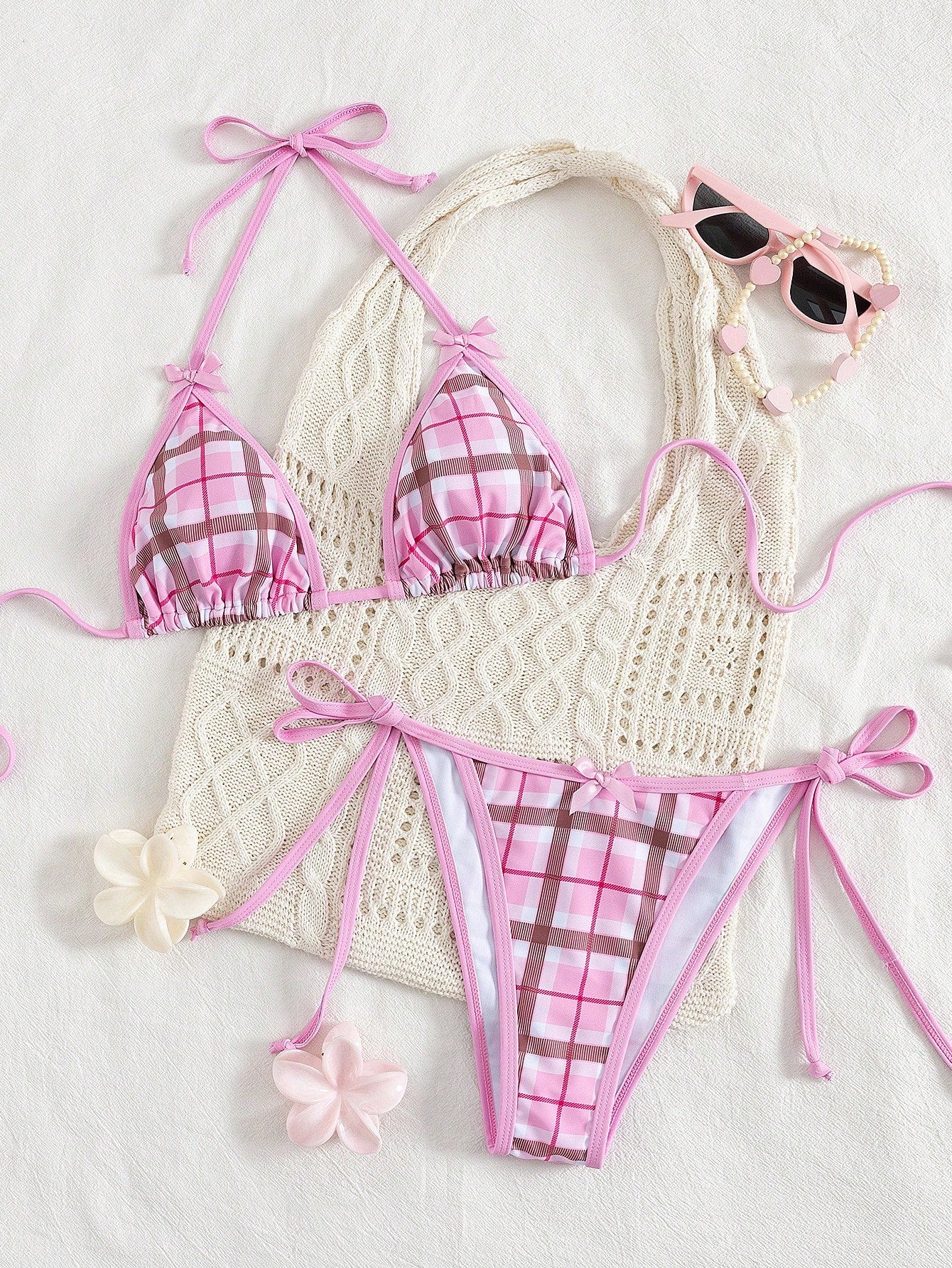 Women's Sexy Plaid Print Bow Tie Halter Bikini Set, Beach Vacation Swimwear Summer