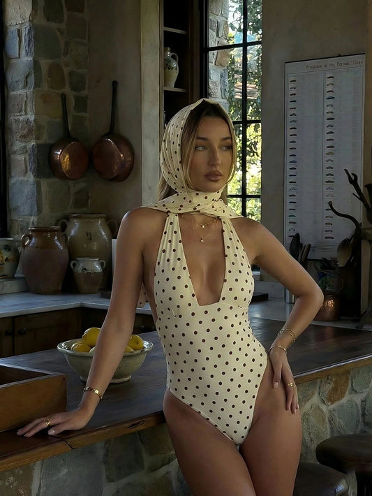 Women's Sexy Polka Dot Tie-Up Asymmetrical Backless Wrap Two Pieces Swimsuit, Beach Vacation Outfit For Summer