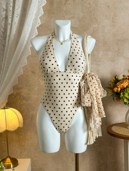 Women's Sexy Polka Dot Tie-Up Asymmetrical Backless Wrap Two Pieces Swimsuit, Beach Vacation Outfit For Summer