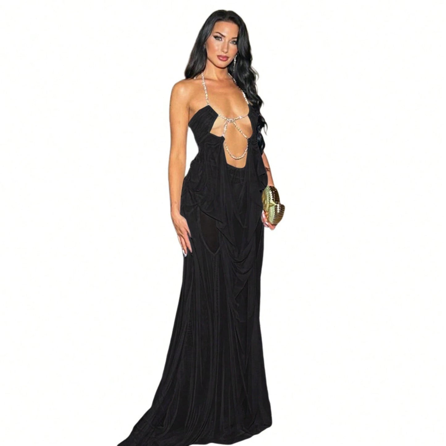 Women's Sheer Mesh Long Dress Club Outfit Rhinestone Spaghetti Strap Cutout Bodycon See Through Evening Party Long Dress