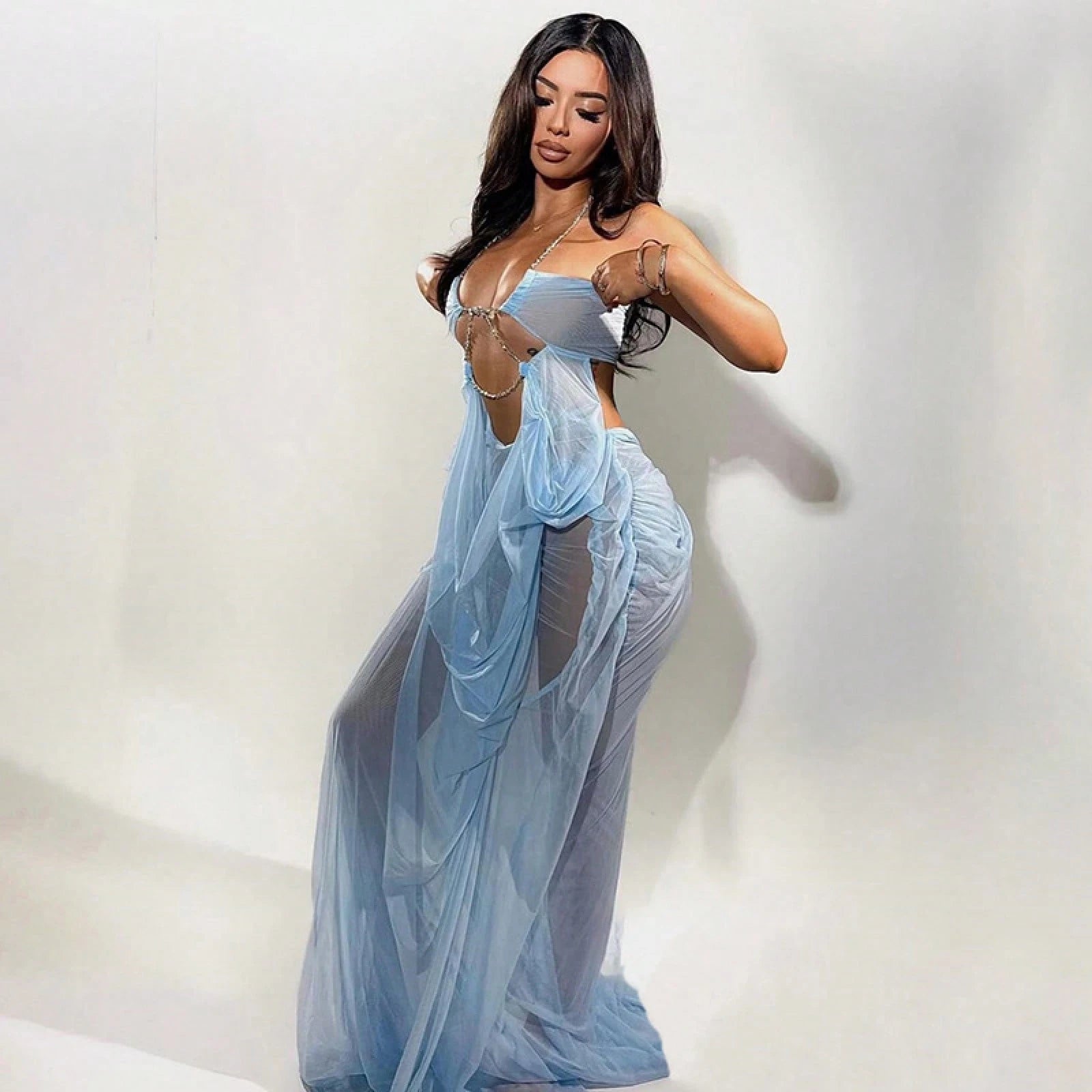 Women's Sheer Mesh Long Dress Club Outfit Rhinestone Spaghetti Strap Cutout Bodycon See Through Evening Party Long Dress
