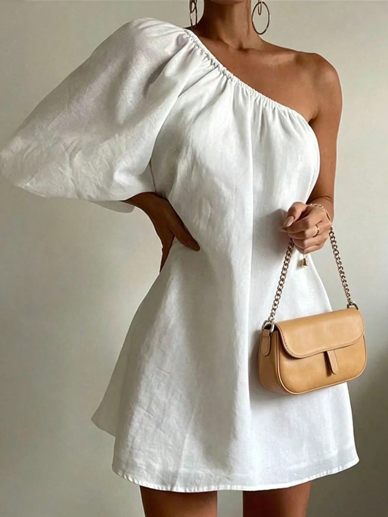Women's Solid Color Casual Elegant Asymmetric/Asymmetrical Beach Vacation Single Sleeve Short Dress White Summer