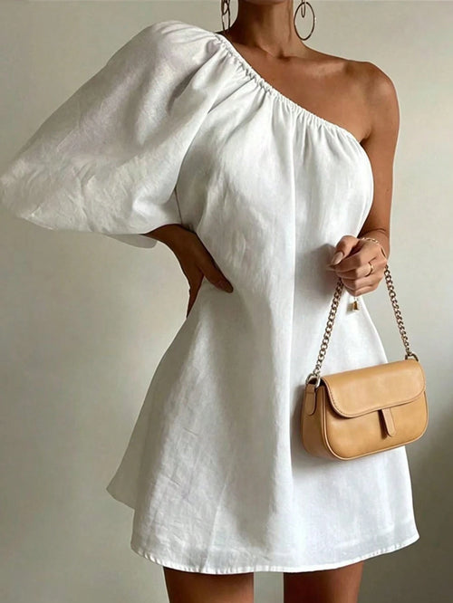 Women's Solid Color Casual Elegant Asymmetric/Asymmetrical Beach Vacation Single Sleeve Short Dress White Summer