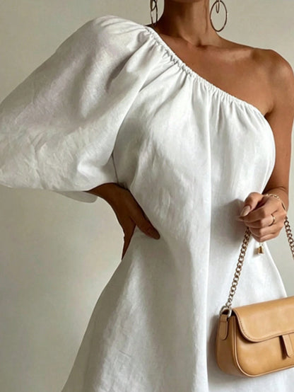 Women's Solid Color Casual Elegant Asymmetric/Asymmetrical Beach Vacation Single Sleeve Short Dress White Summer
