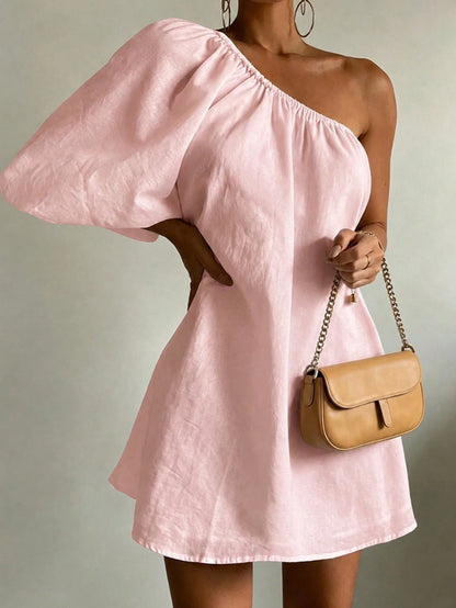 Women's Solid Color Casual Elegant Asymmetric/Asymmetrical Beach Vacation Single Sleeve Short Dress White Summer