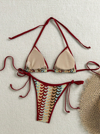 Women's Solid Color Contrast Bikini Set Set, Halter Tie Back Swimwear, High Elastic Fabric, Resort Wear Summer Vacation