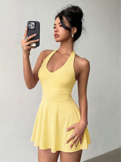 Women's Solid Color Knit V-Neck Halter Sexy Backless Elegant Vacation Fashion Mini Dress With Safety Pants Party Summer Yellow