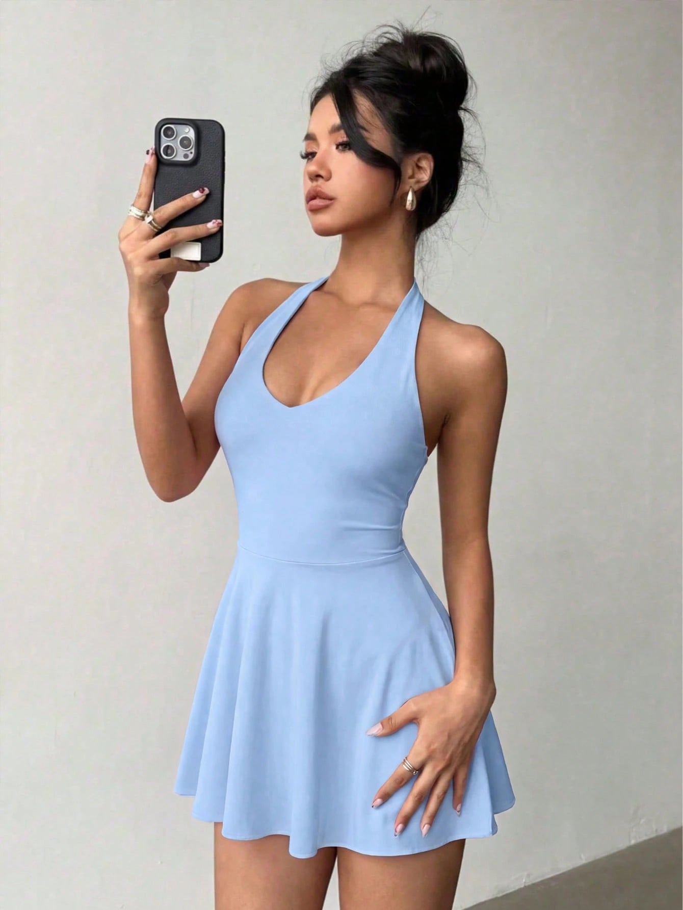 Women's Solid Color Knit V-Neck Halter Sexy Backless Elegant Vacation Fashion Mini Dress With Safety Shorts Party Summer
