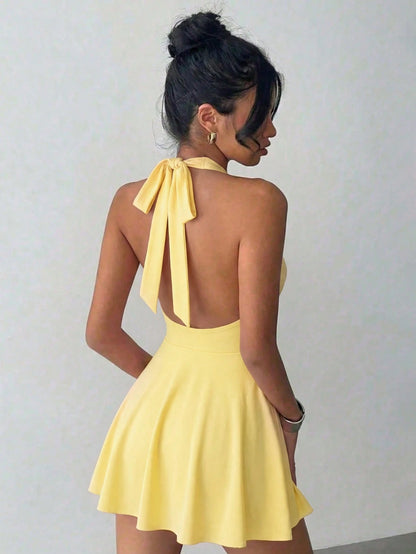 Women's Solid Color Knit V-Neck Halter Sexy Backless Elegant Vacation Fashion Mini Dress With Safety Pants Party Summer Yellow