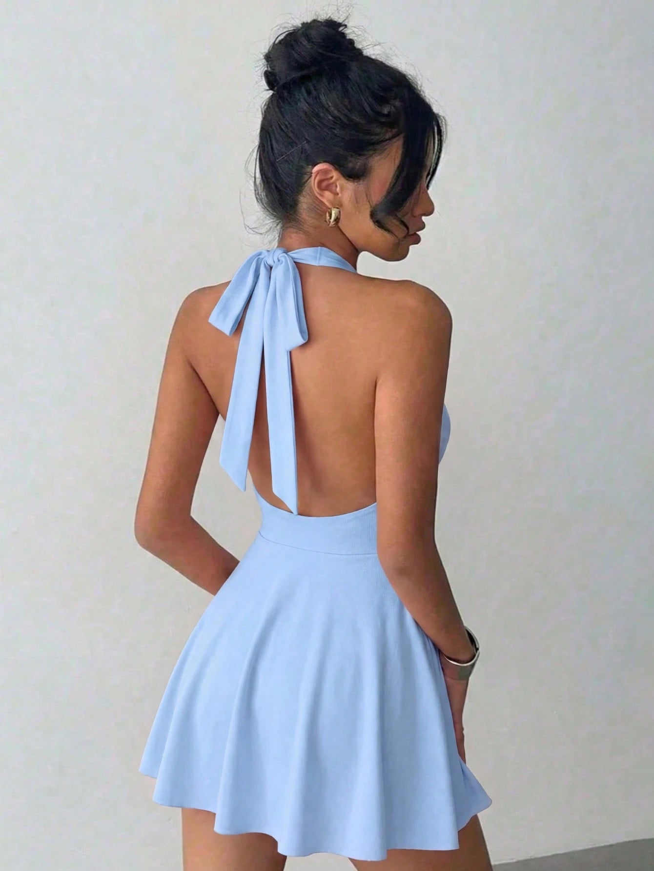 Women's Solid Color Knit V-Neck Halter Sexy Backless Elegant Vacation Fashion Mini Dress With Safety Shorts Party Summer