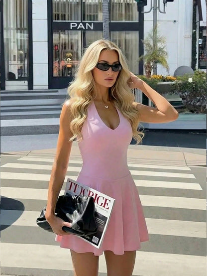 Women's Solid Color Knit V-Neck Halter Sexy Backless Elegant Vacation Fashion Mini Dress With Safety Pants Party Summer Yellow