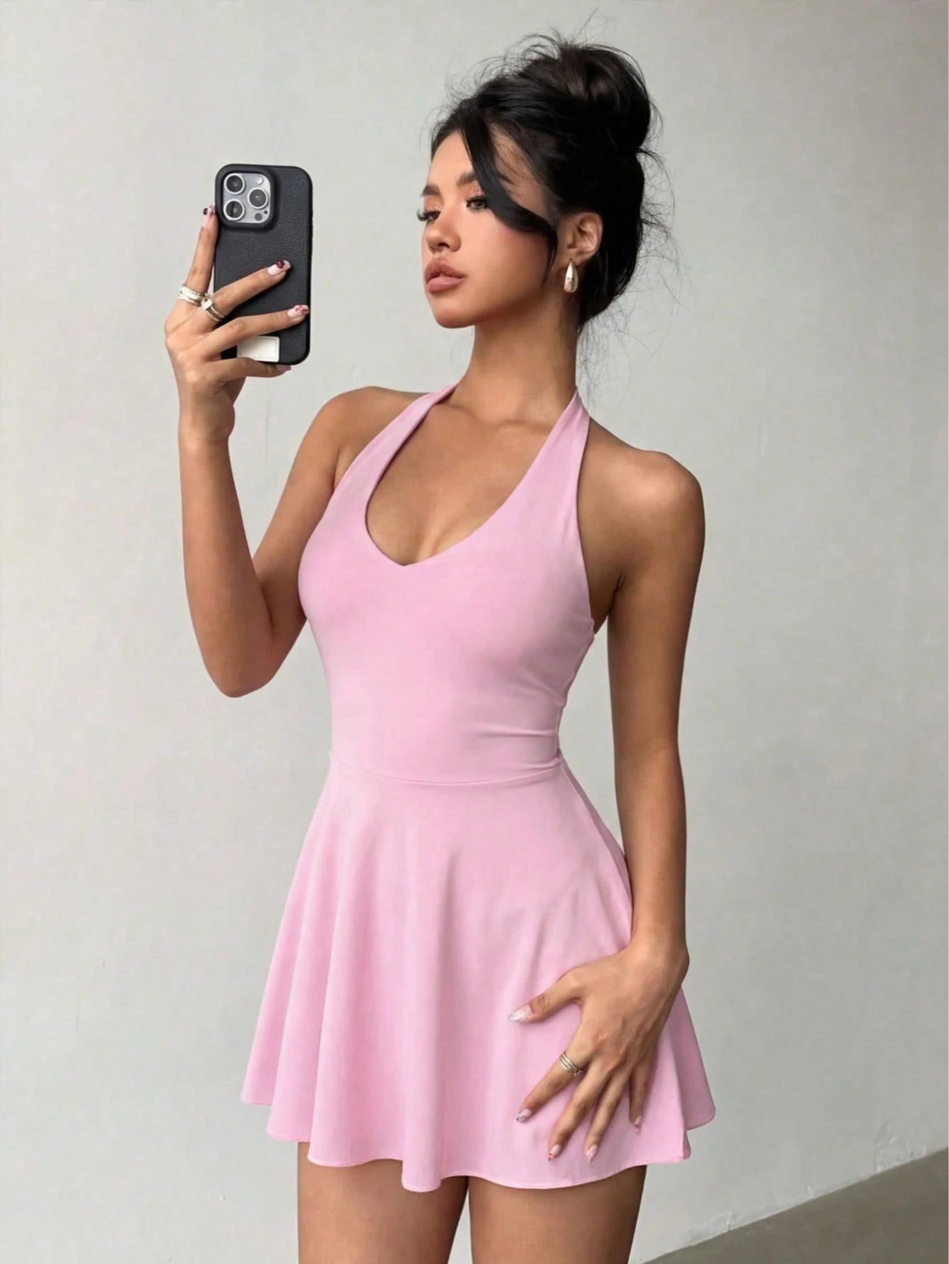Women's Solid Color Knit V-Neck Halter Sexy Backless Elegant Vacation Fashion Mini Dress With Safety Shorts Party Summer