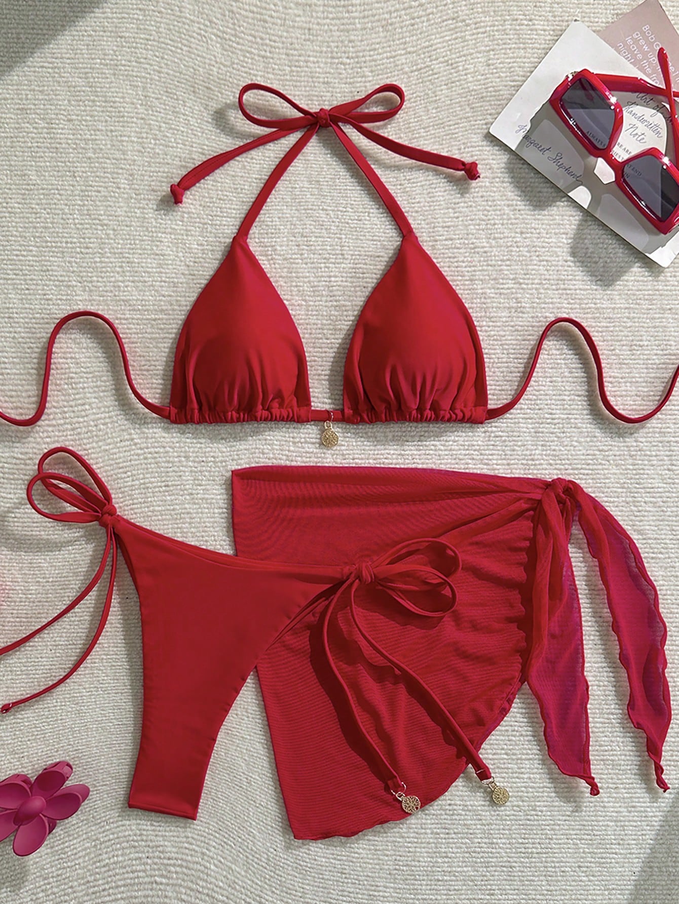 Women's Solid Color Metal Pendant Halter Tied Backless Sexy Red Bikini 3pcs Swimsuit Set For Beach/Resort For Summer Beach Vacation