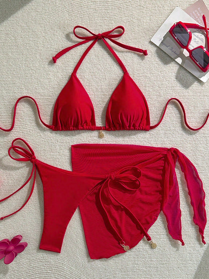 Women's Solid Color Metal Pendant Halter Tied Backless Sexy Red Bikini 3pcs Swimsuit Set For Beach/Resort For Summer Beach Vacation