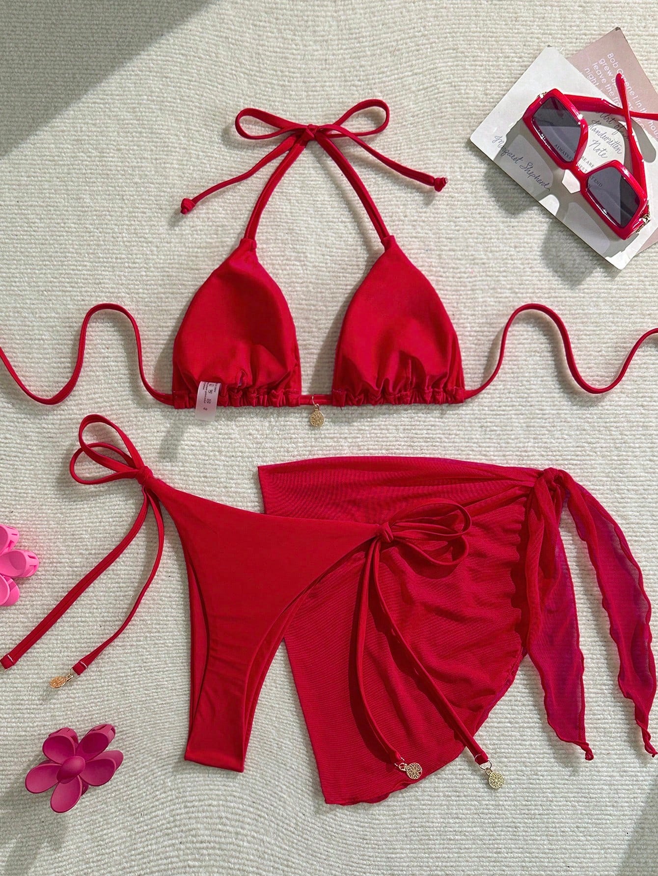Women's Solid Color Metal Pendant Halter Tied Backless Sexy Red Bikini 3pcs Swimsuit Set For Beach/Resort For Summer Beach Vacation