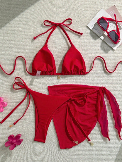 Women's Solid Color Metal Pendant Halter Tied Backless Sexy Red Bikini 3pcs Swimsuit Set For Beach/Resort For Summer Beach Vacation