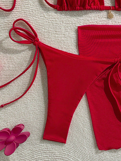 Women's Solid Color Metal Pendant Halter Tied Backless Sexy Red Bikini 3pcs Swimsuit Set For Beach/Resort For Summer Beach Vacation
