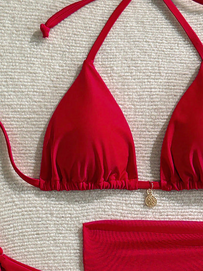 Women's Solid Color Metal Pendant Halter Tied Backless Sexy Red Bikini 3pcs Swimsuit Set For Beach/Resort For Summer Beach Vacation