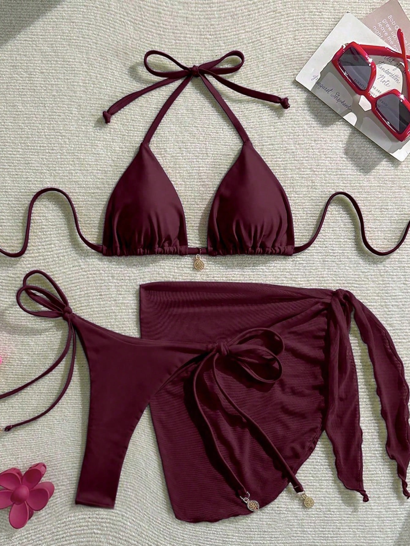 Women's Solid Color Metal Pendant Halter Tied Backless Sexy Red Bikini 3pcs Swimsuit Set For Beach/Resort For Summer Beach Vacation