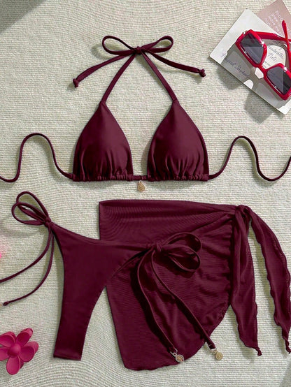 Women's Solid Color Metal Pendant Halter Tied Backless Sexy Red Bikini 3pcs Swimsuit Set For Beach/Resort For Summer Beach Vacation