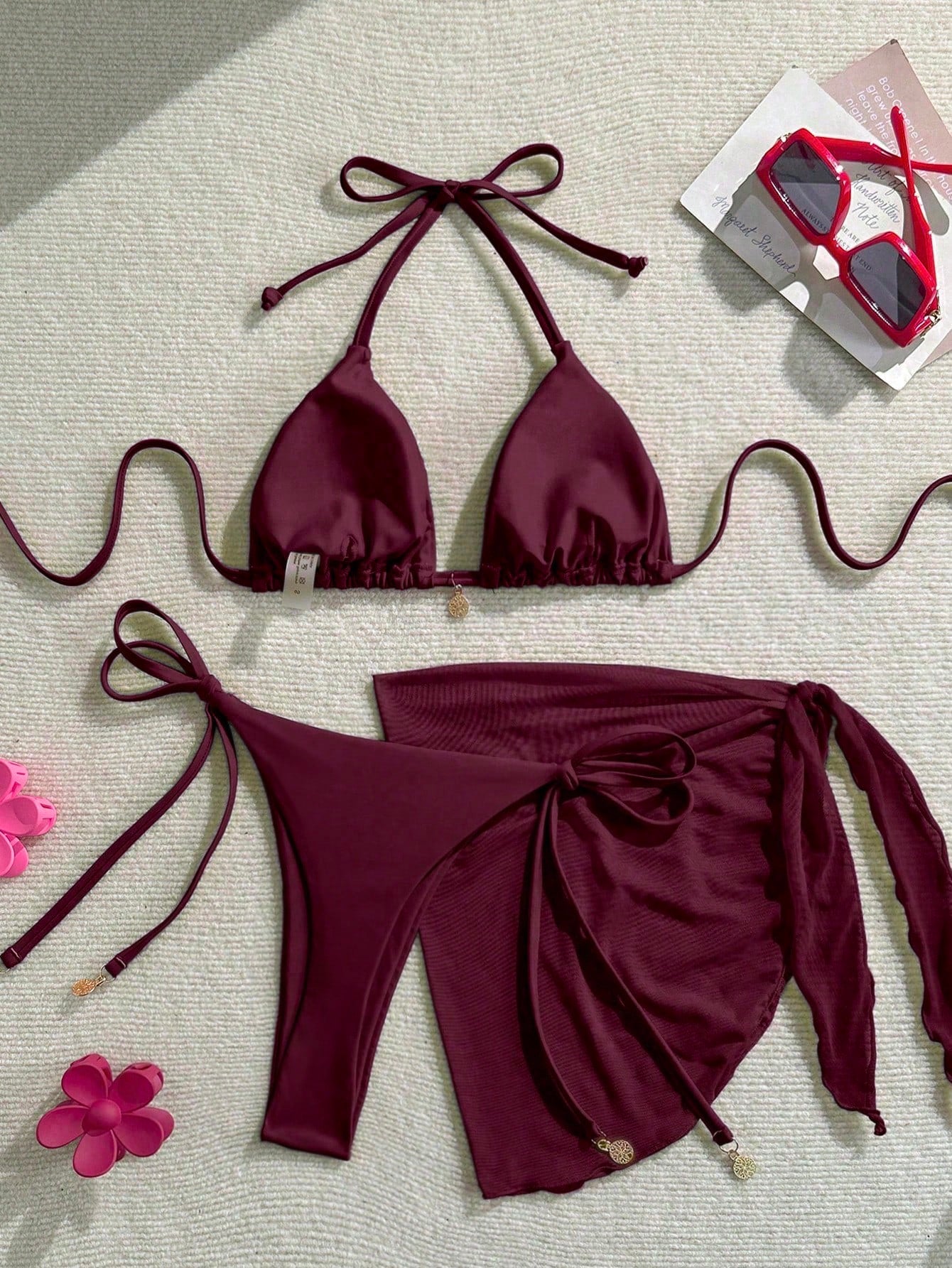 Women's Solid Color Metal Pendant Halter Tied Backless Sexy Red Bikini 3pcs Swimsuit Set For Beach/Resort For Summer Beach Vacation