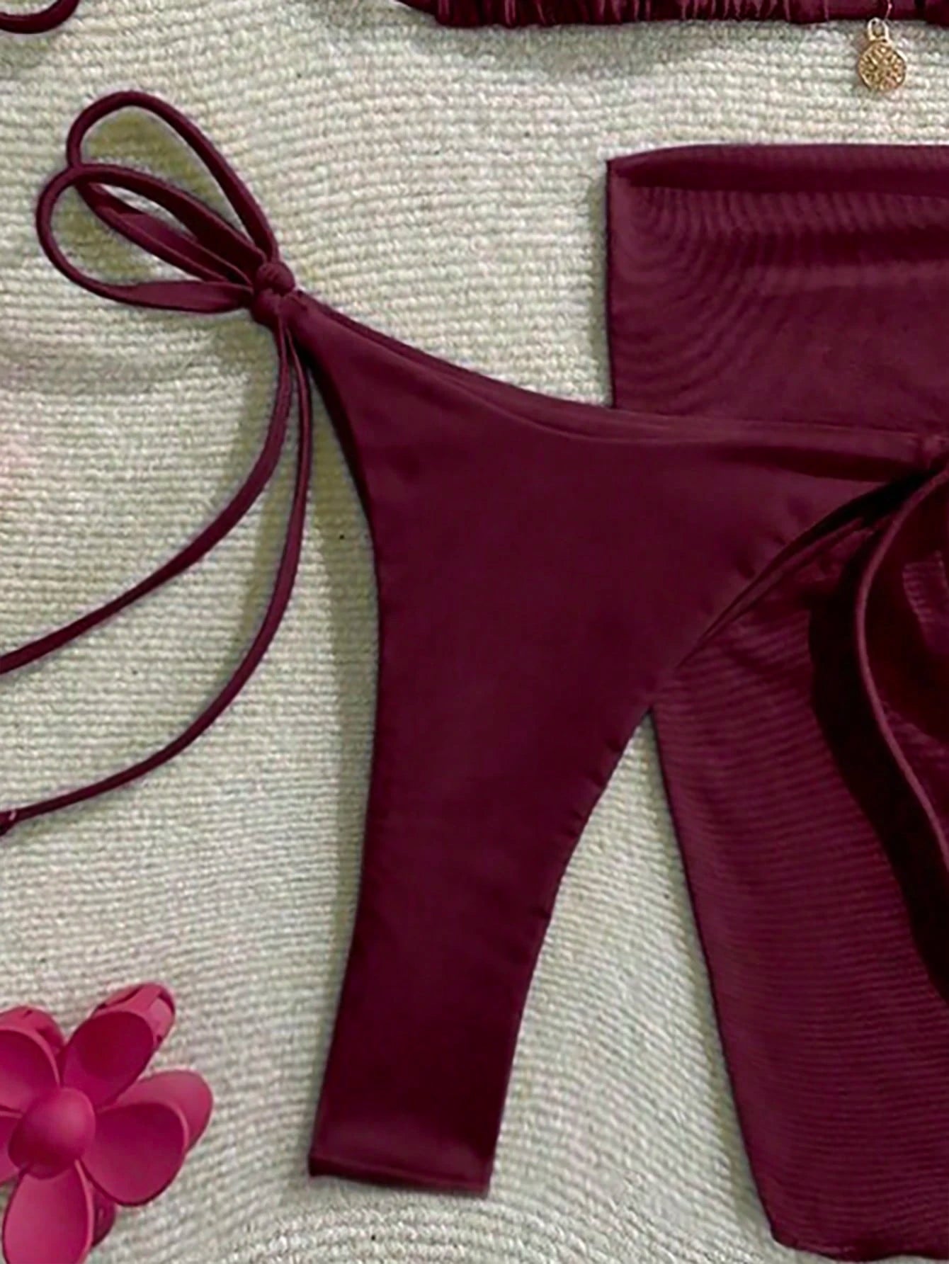 Women's Solid Color Metal Pendant Halter Tied Backless Sexy Red Bikini 3pcs Swimsuit Set For Beach/Resort For Summer Beach Vacation