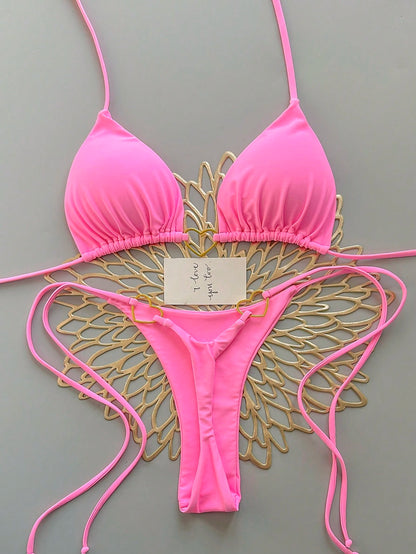 Women's Solid Color Tie-Up Sexy Bikini Swimwear Set, Summer Beach Vacation
