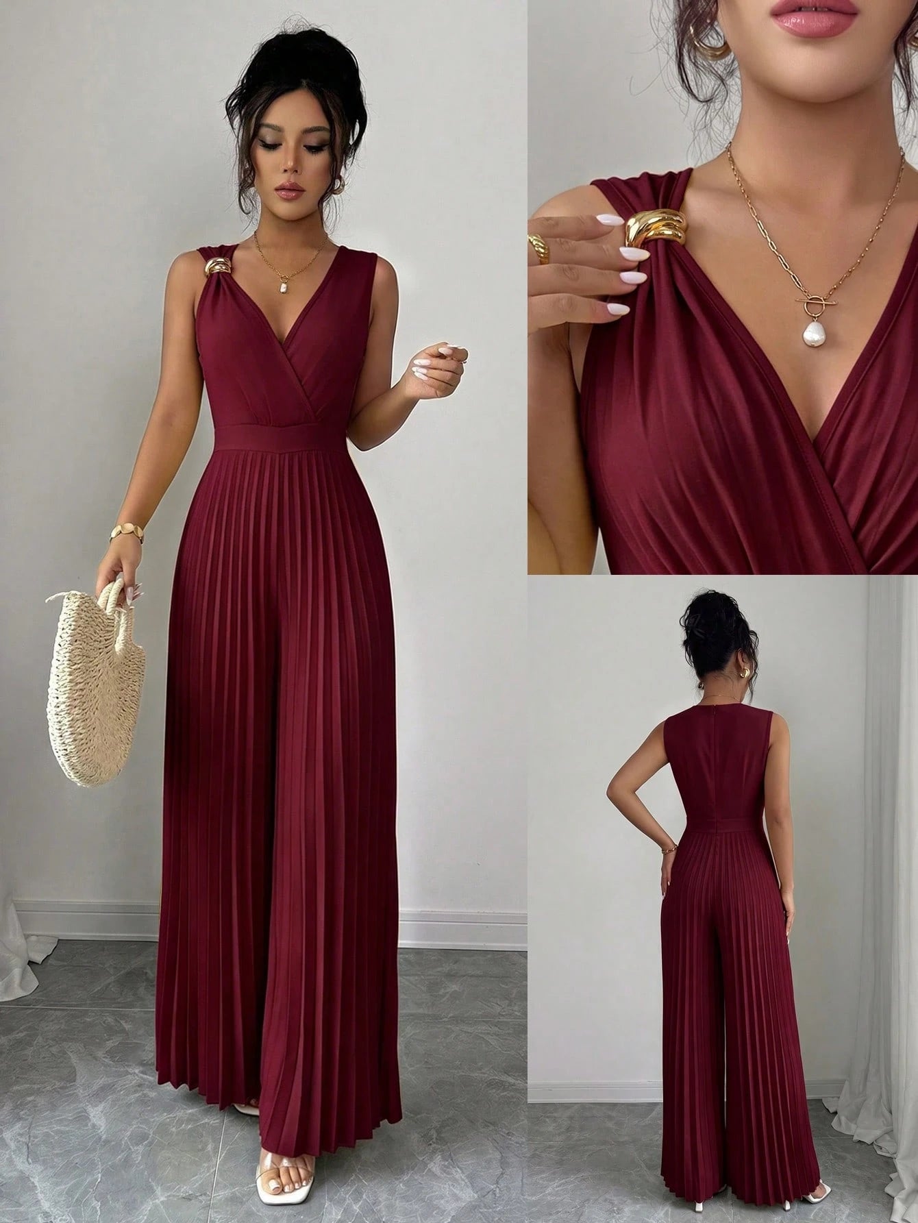 Women's Spring/Summer Elegant Commuter Yellow V-Neck Sleeveless Metal Buckle Pleated Ruched Waist Fitted Slim Jumpsuit