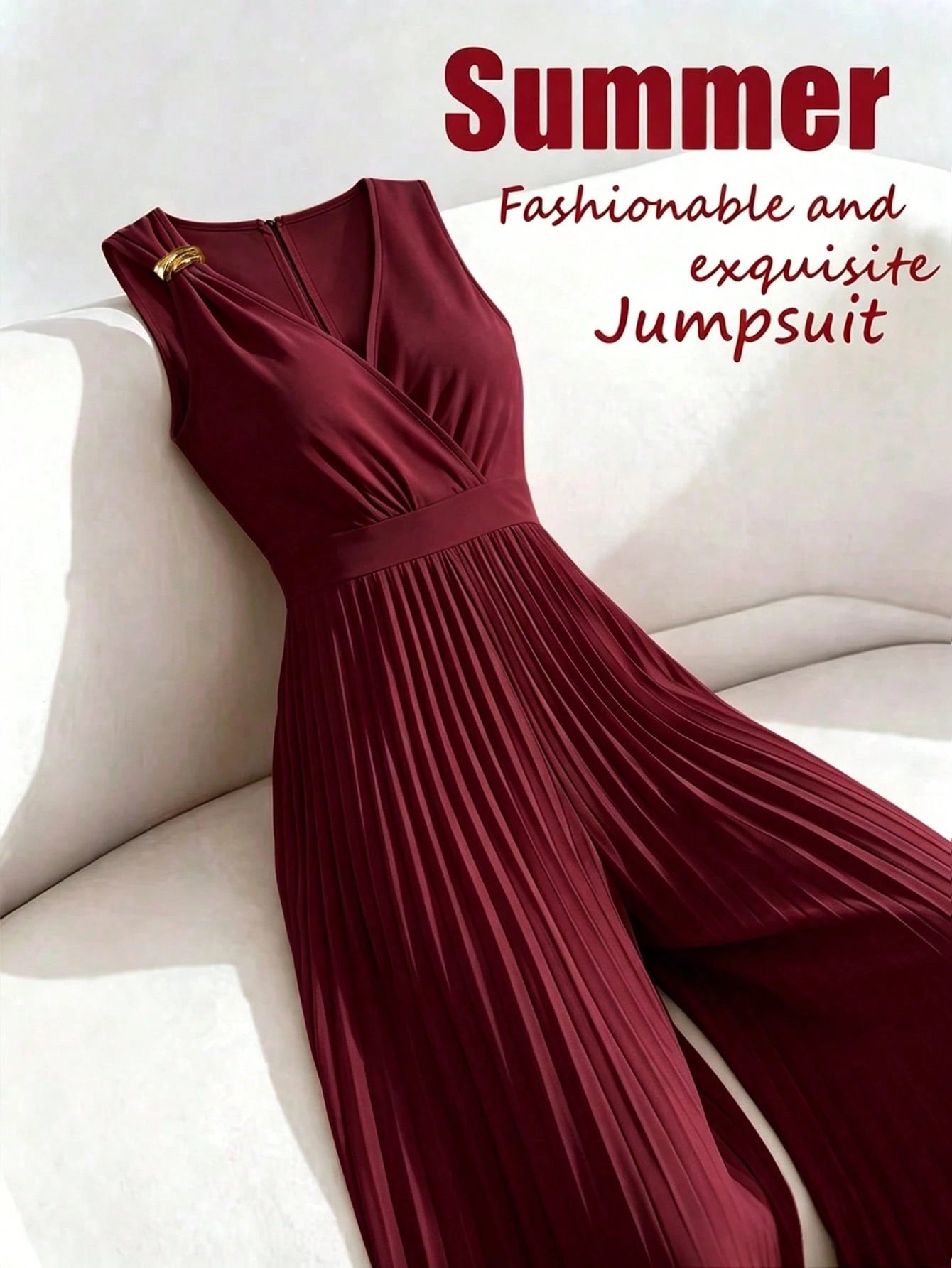Women's Spring/Summer Elegant Commuter Yellow V-Neck Sleeveless Metal Buckle Pleated Ruched Waist Fitted Slim Jumpsuit