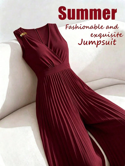 Women's Spring/Summer Elegant Commuter Yellow V-Neck Sleeveless Metal Buckle Pleated Ruched Waist Fitted Slim Jumpsuit