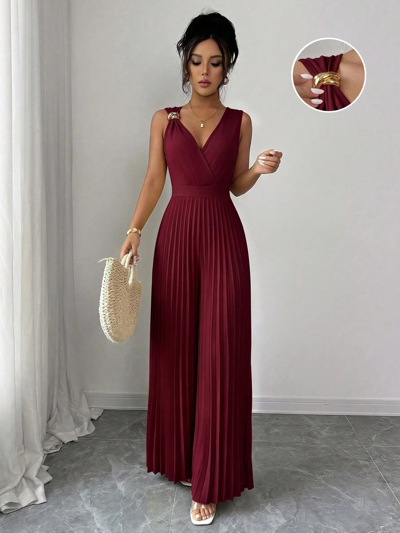 Women's Spring/Summer Elegant Commuter Yellow V-Neck Sleeveless Metal Buckle Pleated Ruched Waist Fitted Slim Jumpsuit
