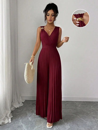 Women's Spring/Summer Elegant Commuter Yellow V-Neck Sleeveless Metal Buckle Pleated Ruched Waist Fitted Slim Jumpsuit