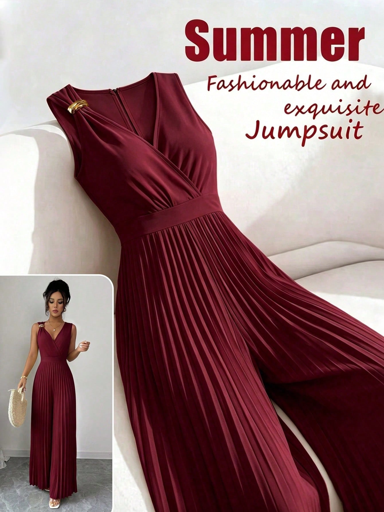 Women's Spring/Summer Elegant Commuter Yellow V-Neck Sleeveless Metal Buckle Pleated Ruched Waist Fitted Slim Jumpsuit