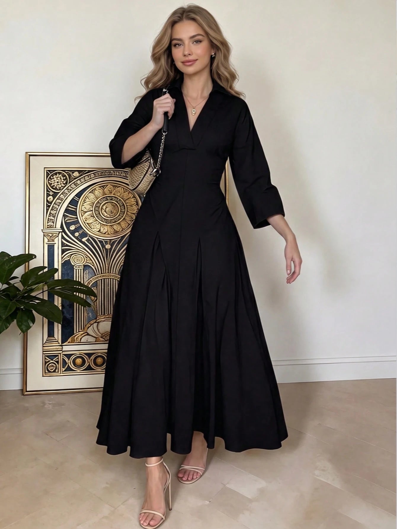 Women's Spring/Summer Elegant V-Neck Long Dress- Long Sleeve Flared Hem Fashion Dress, Lapel Design Black