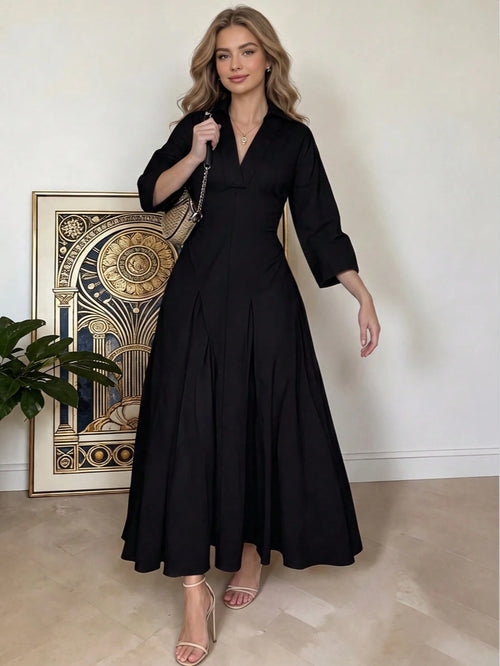 Women's Spring/Summer Elegant V-Neck Long Dress- Long Sleeve Flared Hem Fashion Dress, Lapel Design Black