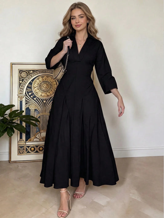 Women's Spring/Summer Elegant V-Neck Long Dress- Long Sleeve Flared Hem Fashion Dress, Lapel Design Black