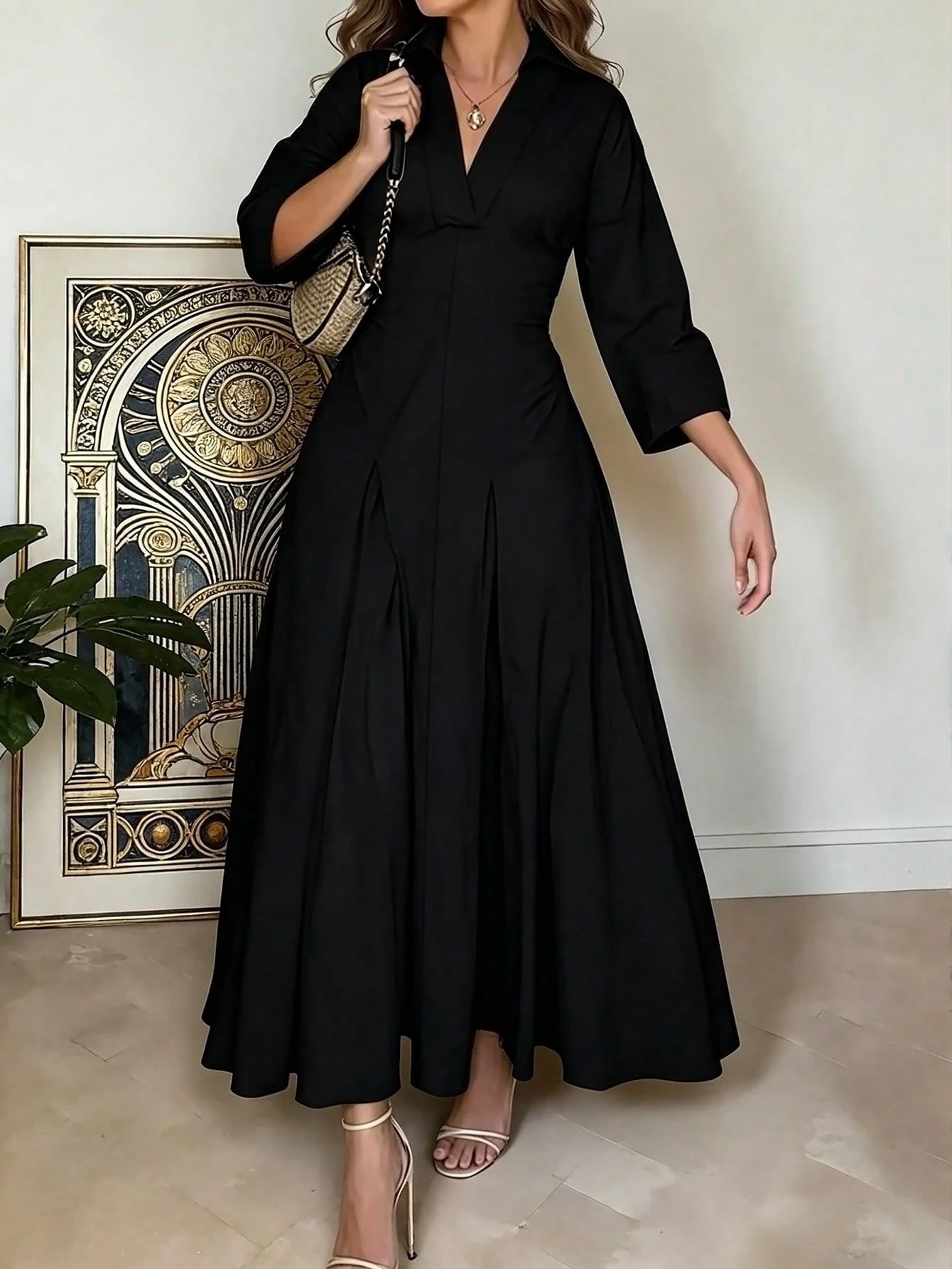Women's Spring/Summer Elegant V-Neck Long Dress- Long Sleeve Flared Hem Fashion Dress, Lapel Design Black