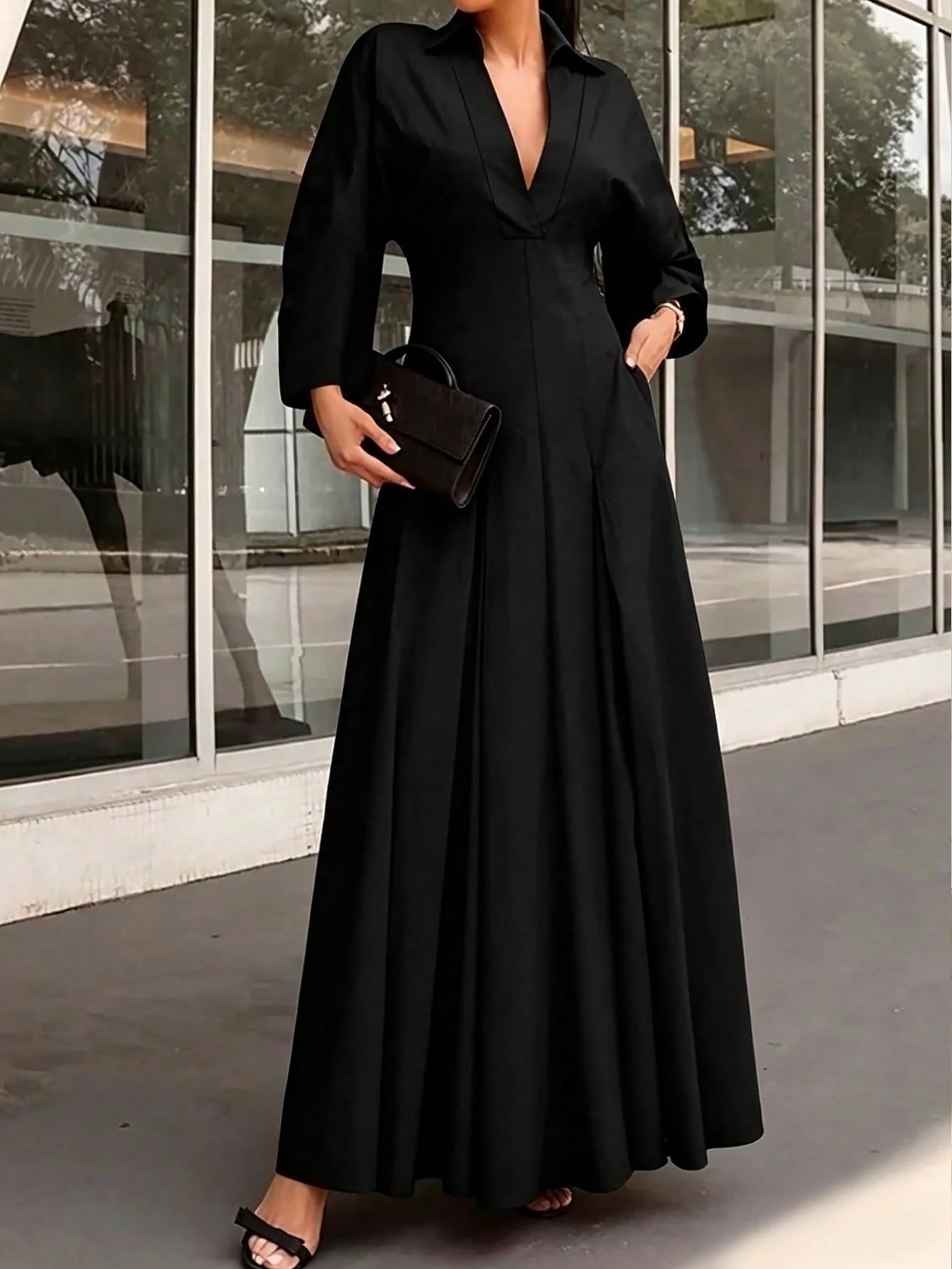 Women's Spring/Summer Elegant V-Neck Long Dress- Long Sleeve Flared Hem Fashion Dress, Lapel Design Black