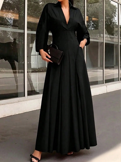 Women's Spring/Summer Elegant V-Neck Long Dress- Long Sleeve Flared Hem Fashion Dress, Lapel Design Black