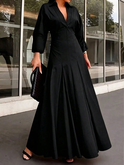 Women's Spring/Summer Elegant V-Neck Long Dress- Long Sleeve Flared Hem Fashion Dress, Lapel Design Black