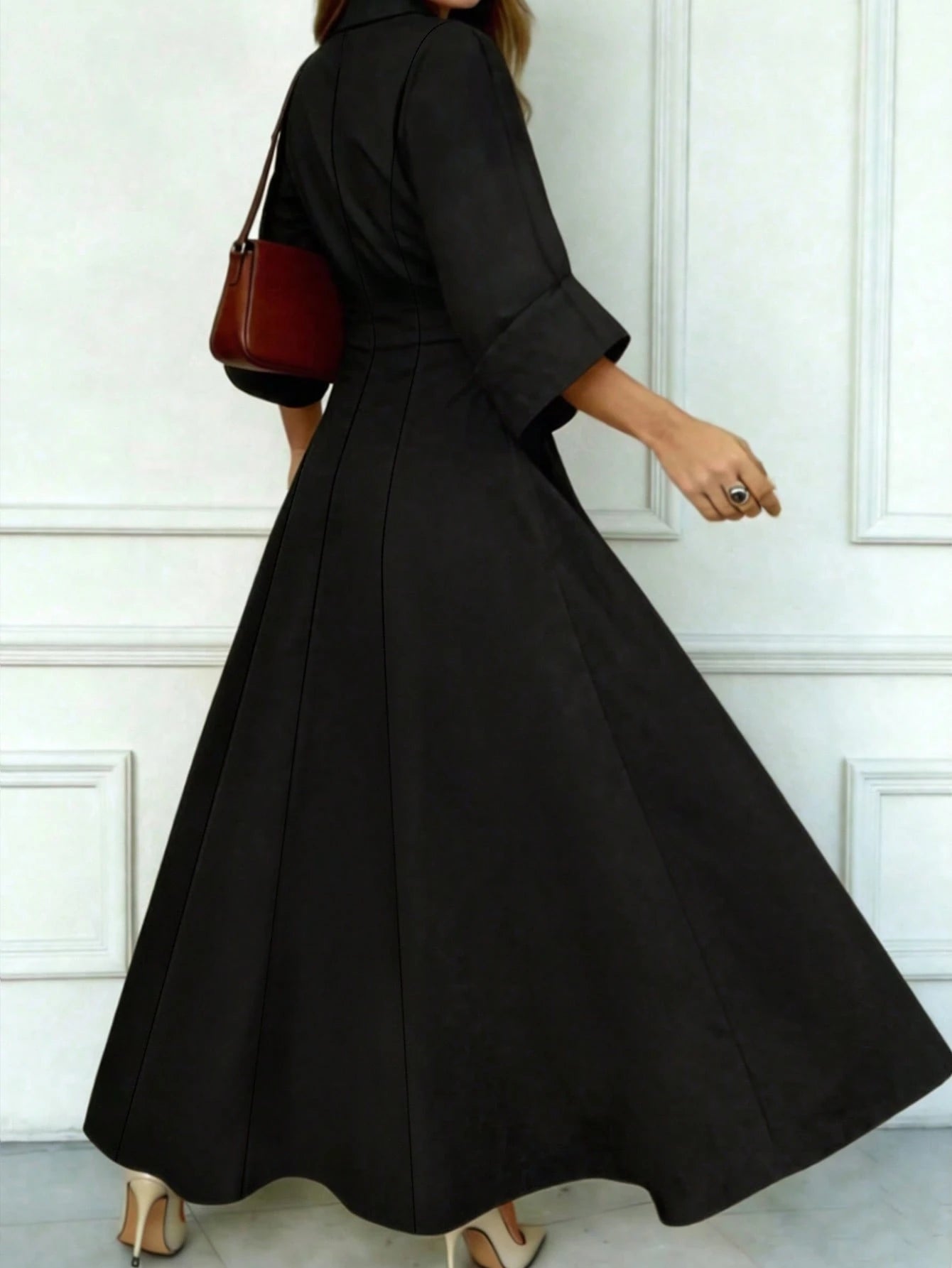 Women's Spring/Summer Elegant V-Neck Long Dress- Long Sleeve Flared Hem Fashion Dress, Lapel Design Black