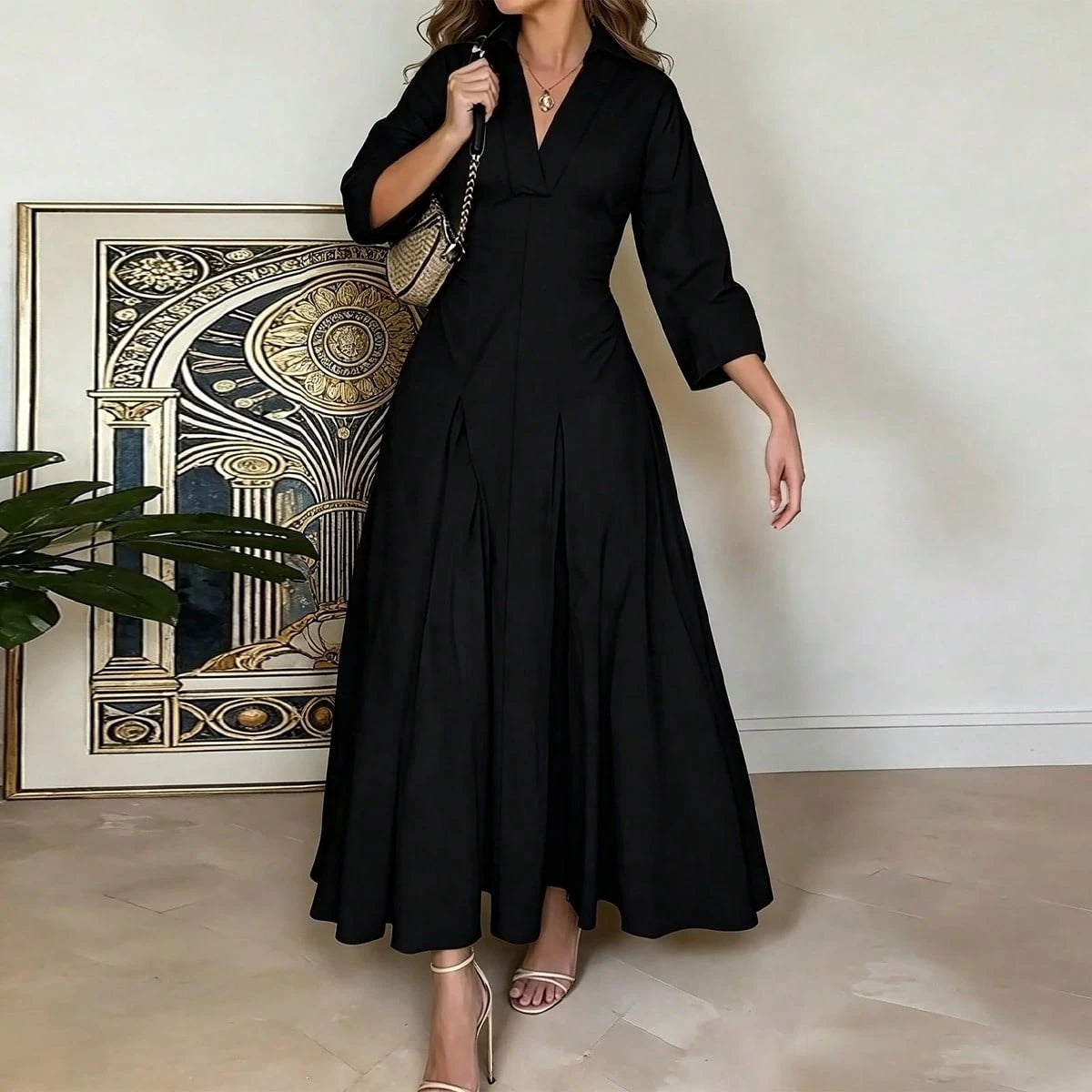 Women's Spring/Summer Elegant V-Neck Long Dress- Long Sleeve Flared Hem Fashion Dress, Lapel Design Black