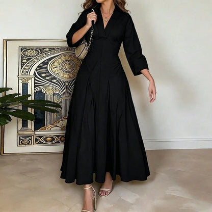 Women's Spring/Summer Elegant V-Neck Long Dress- Long Sleeve Flared Hem Fashion Dress, Lapel Design Black