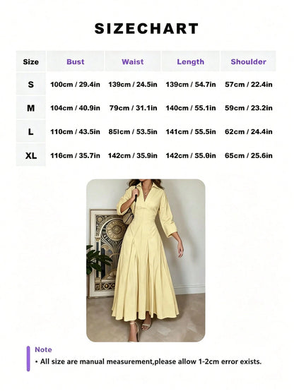 Women's Spring/Summer Elegant V-Neck Long Dress- Long Sleeve Flared Hem Fashion Dress, Lapel Design Black